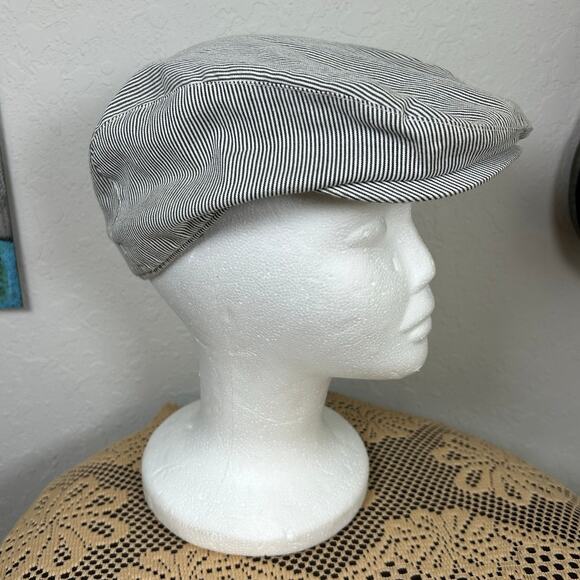 TopMan- Flat Bill Cap- no button- Small Med- pinstripe pattern- cotton preowned - Picture 1 of 6